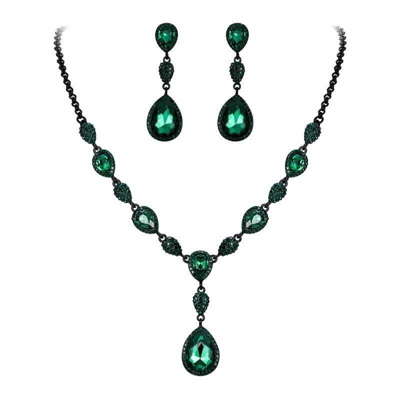 EleQueen Women's Cubic Zirconia Teardrop Y-Necklaces Dangle Earrings Sets for Brides Bridesmaids Green Black-Tone - Image 1